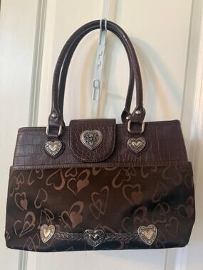 Brighton-Style Brown Heart Jacquard Shoulder Bag Croc Trim